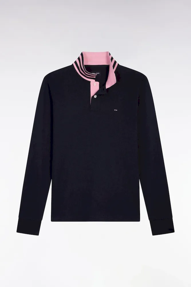 Polo Manches Longues Bleu Marine En Coton Avec Col Contrasté