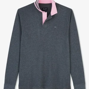 Alternative view of Polo manches longues gris en coton avec col contrasté