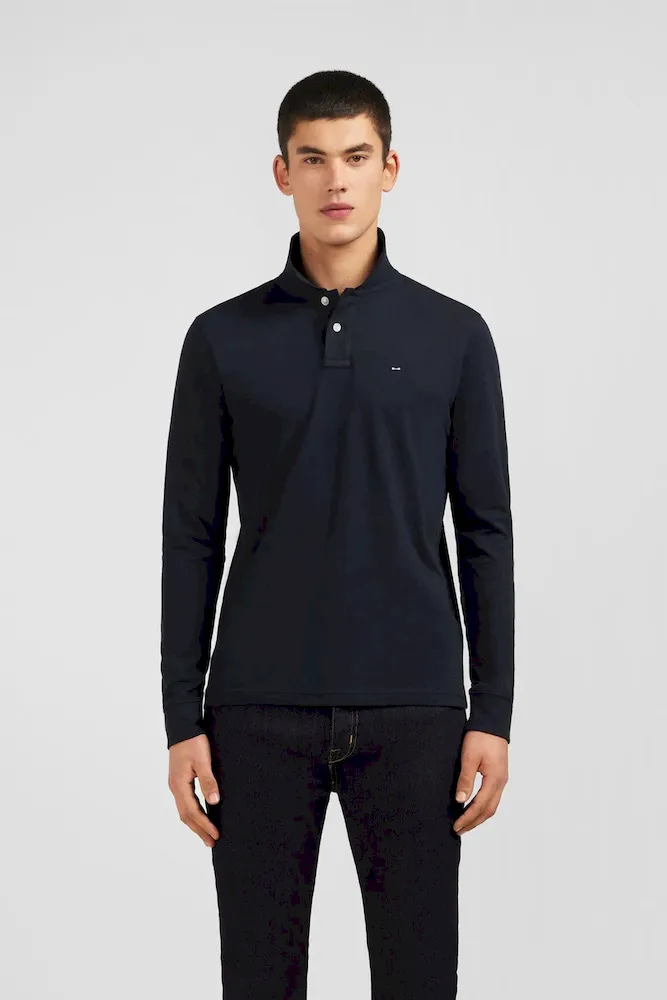Polo manches longues noir uni en piqué de coton stretch