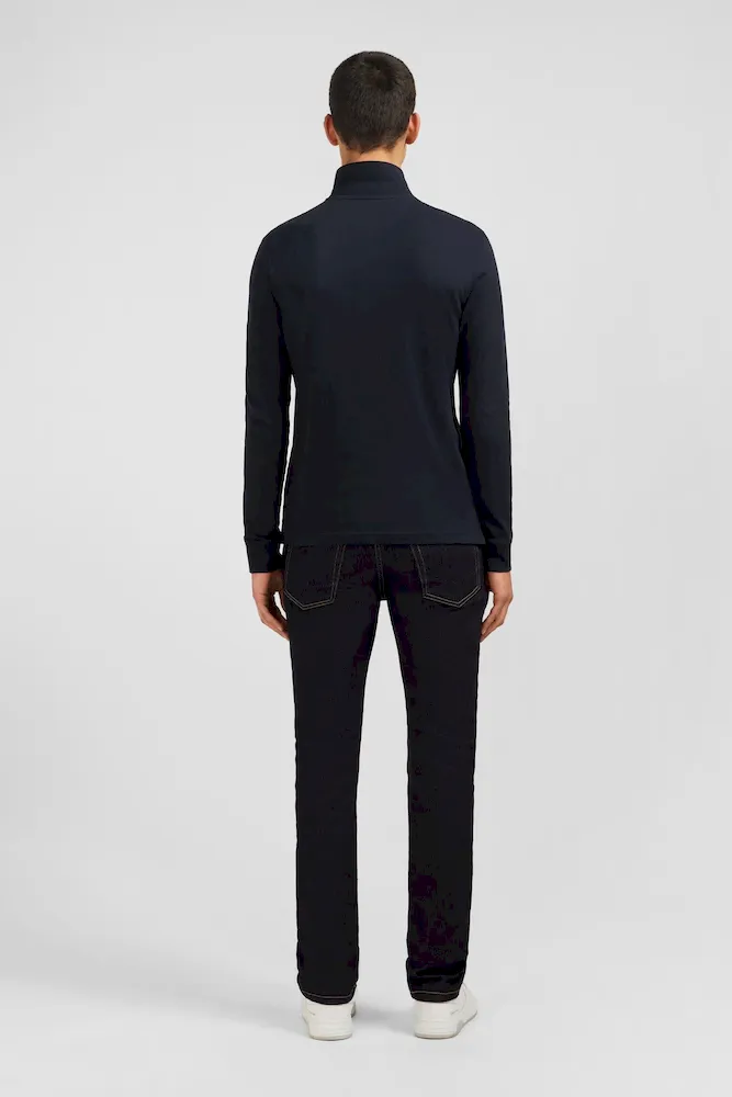 Polo manches longues noir uni en piqué de coton stretch – Bild 6