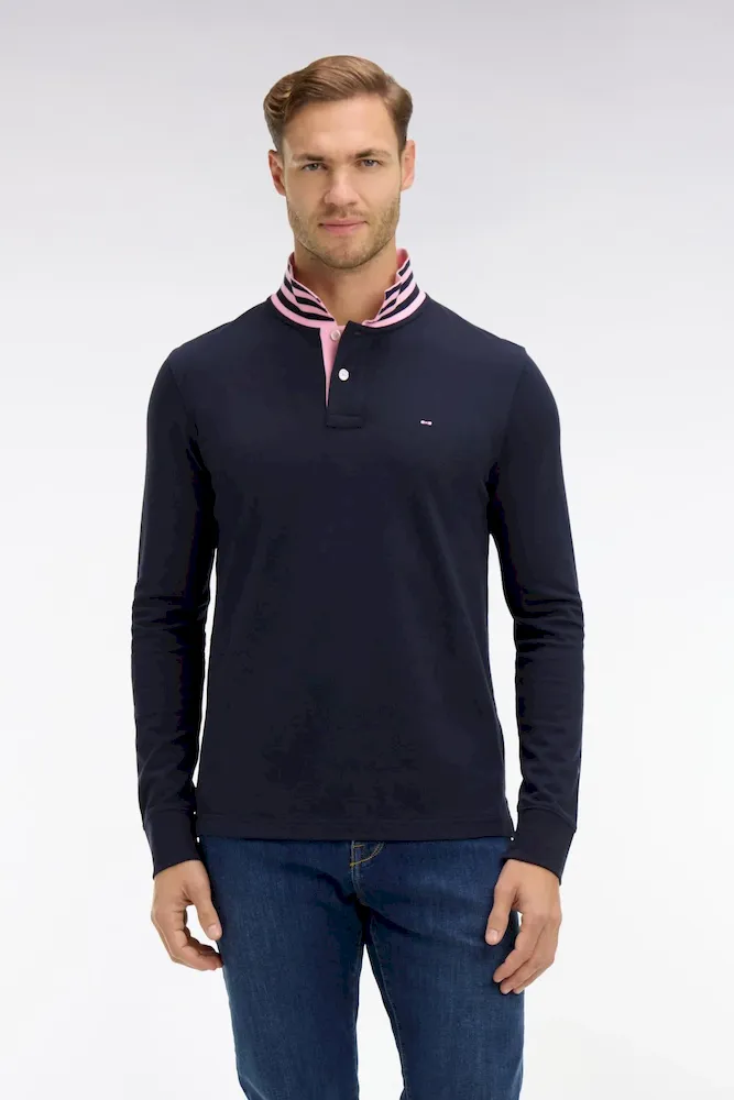 Polo manches longues bleu marine en coton avec col contrasté – Bild 3