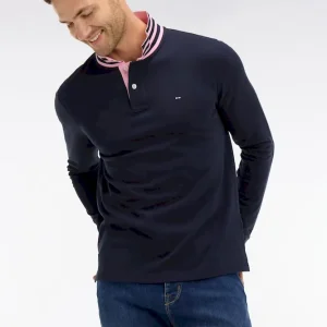 Polo manches longues bleu marine en coton avec col contrasté