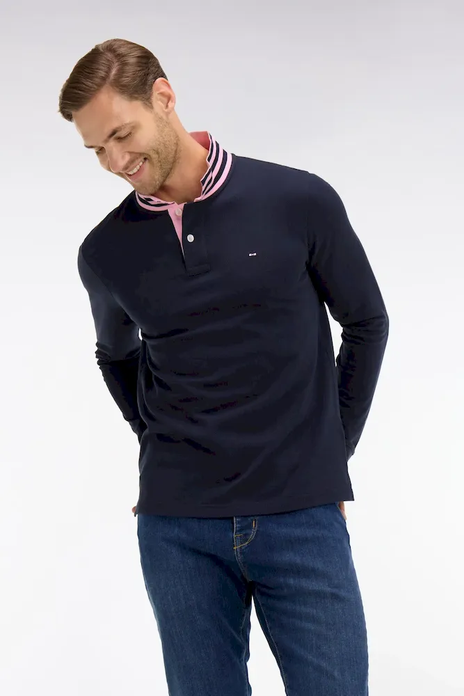 Polo manches longues bleu marine en coton avec col contrasté