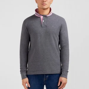 Polo manches longues gris en coton avec col contrasté