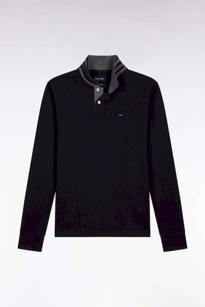 Polo Manches Longues Noir En Coton Avec Col Contrasté