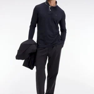 Polo manches longues noir en coton avec col contrasté