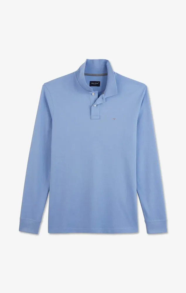 Polo Manches Longues Bleu Uni En Piqué De Coton Stretch