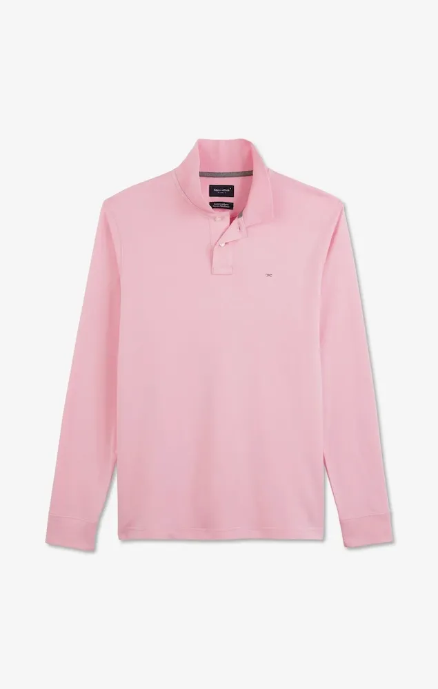 Polo Manches Longues Rose Uni En Piqué De Coton Stretch