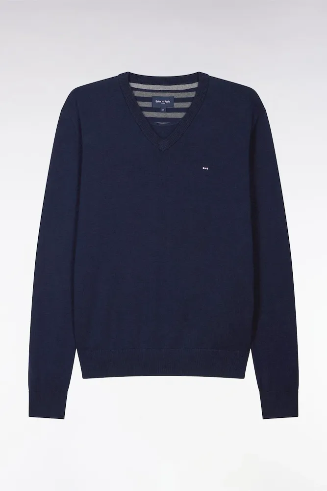 Pull Bleu Marine à col V En Coton