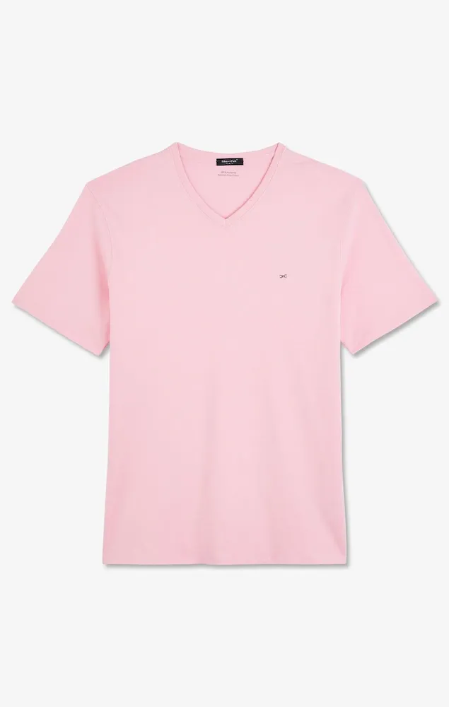 T-shirt Rose Col V à manches Courtes