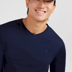 T-shirt bleu marine col V à manches longues