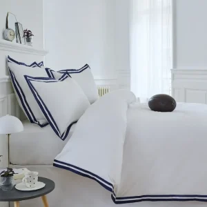 Housse de couette en percale de coton blanche à bordure marine