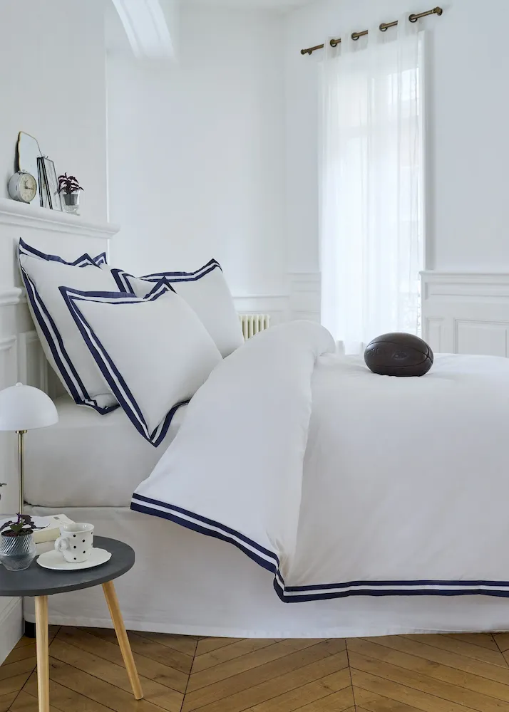 Housse de couette en percale de coton blanche à bordure marine