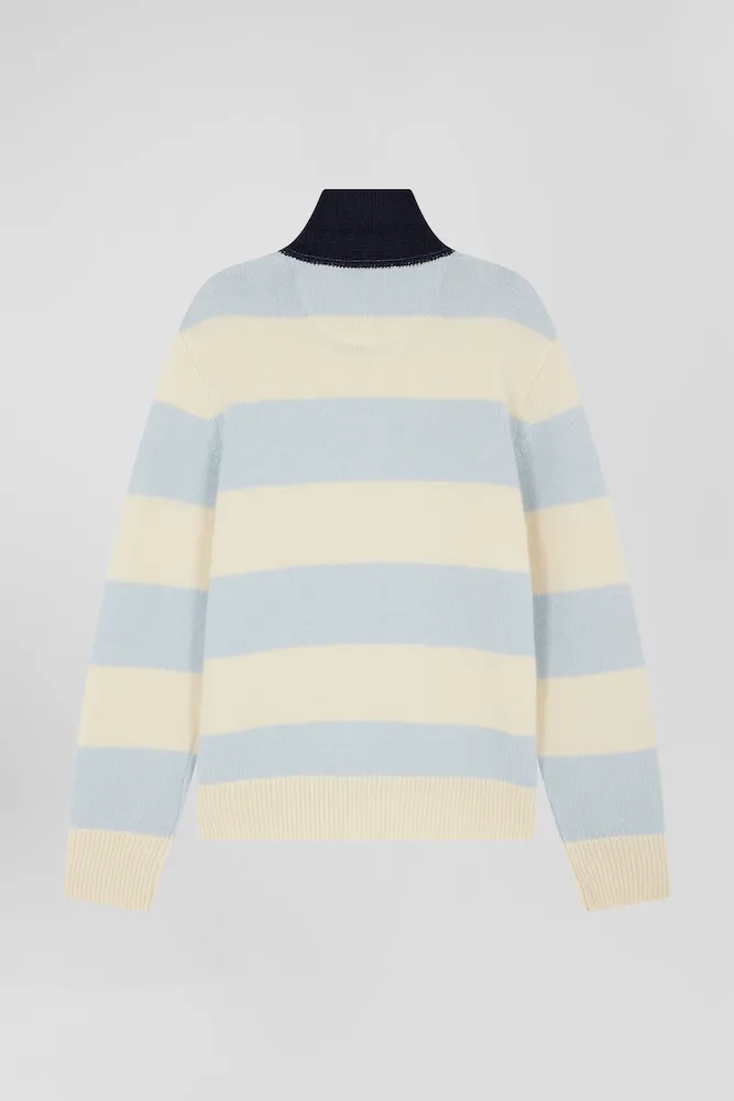 Pull col polo en laine et cachemire rayé bleu et écru – Bild 2