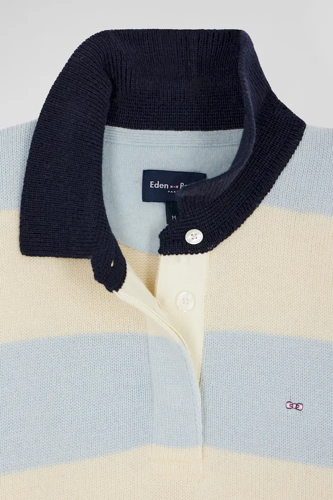 Pull col polo en laine et cachemire rayé bleu et écru – Bild 3