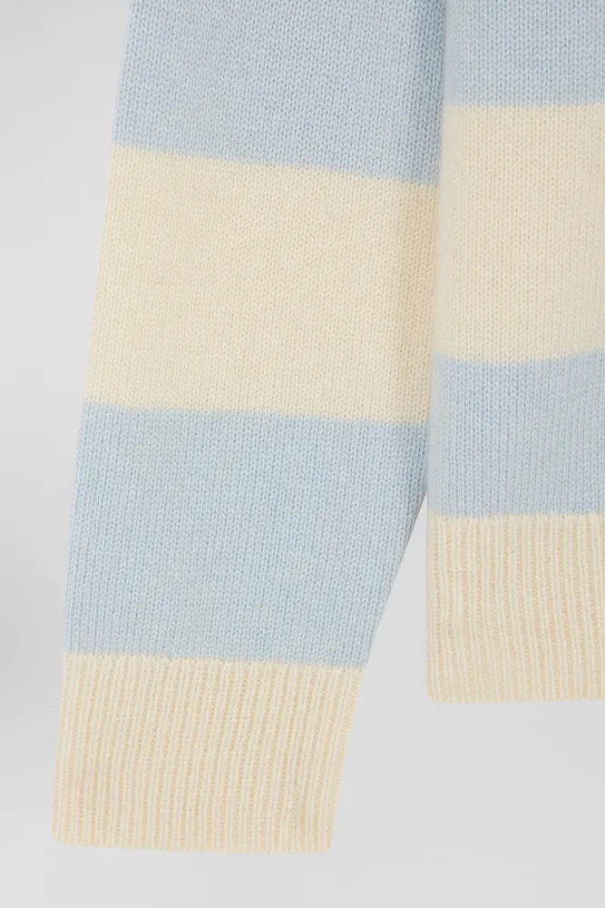 Pull col polo en laine et cachemire rayé bleu et écru – Bild 4